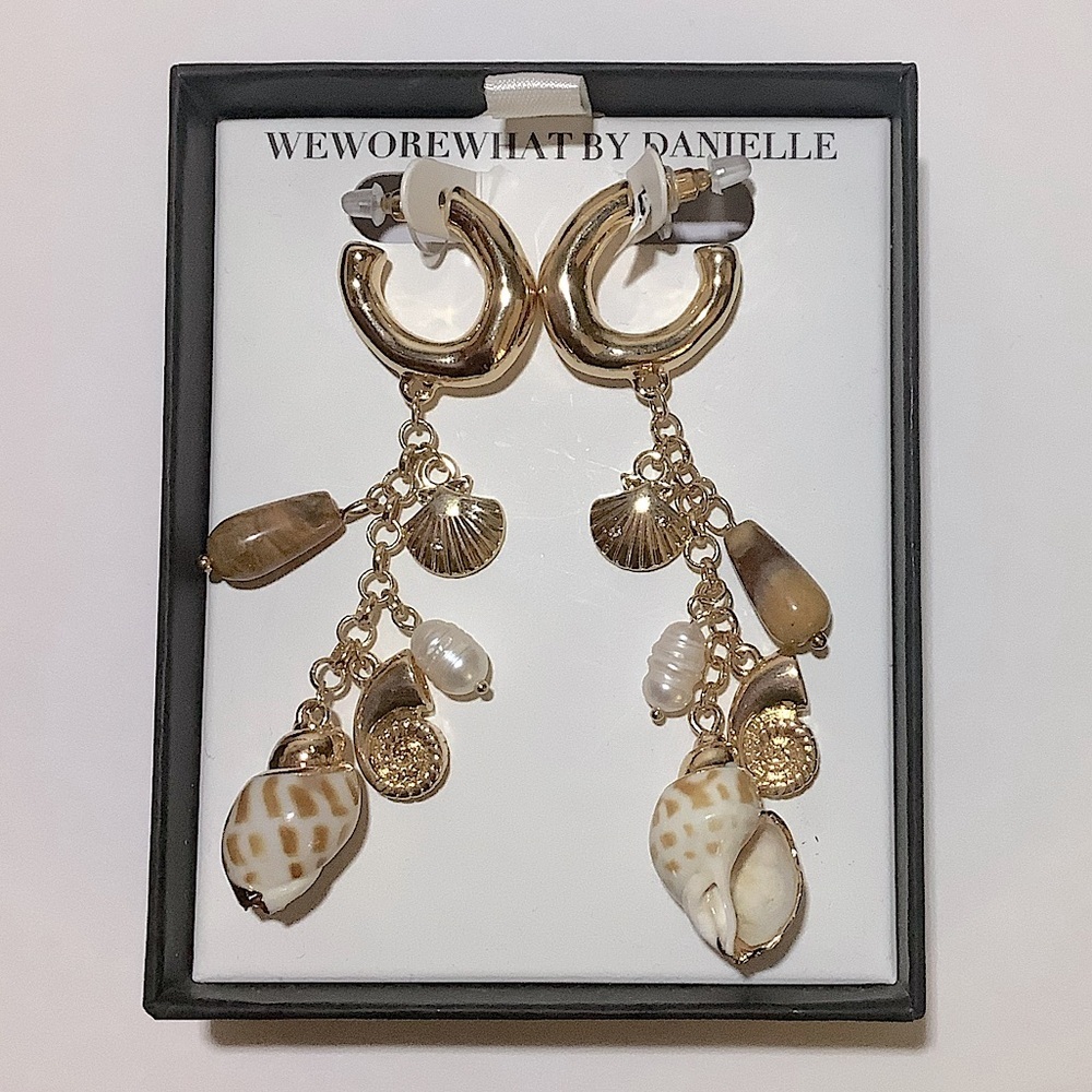 We Wore What Seashell Charm Hoop Drop Earrings New